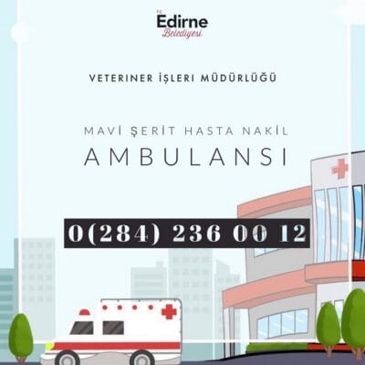 Acil durumda kullanılacak mavi şeritli hasta nakil ambulansı, Edirne Belediyesi Veteriner İşleri Müdürlüğü tarafından sağlanıyor. Şehir içi ulaşımda ve acil veteriner hizmetlerinde önemli bir rol oynar.