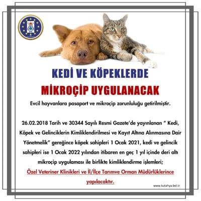 Microçip uygulaması yapılacak kedi ve köpekler için bilgilendirme afişi, veteriner klinikleri ve il/ilçe tarım orman müdürlükleri tarafından kimliklendirme yapılacak.