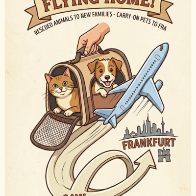 Köpek ve kedi, yeni ailelerine kavuşmak için uçakta seyahat ederken, bir el onların taşıma çantasını tutuyor. Arka planda Frankfurt şehri silueti ve uçak, yeni başlangıçlara ve sevgi dolu ailelere kav.