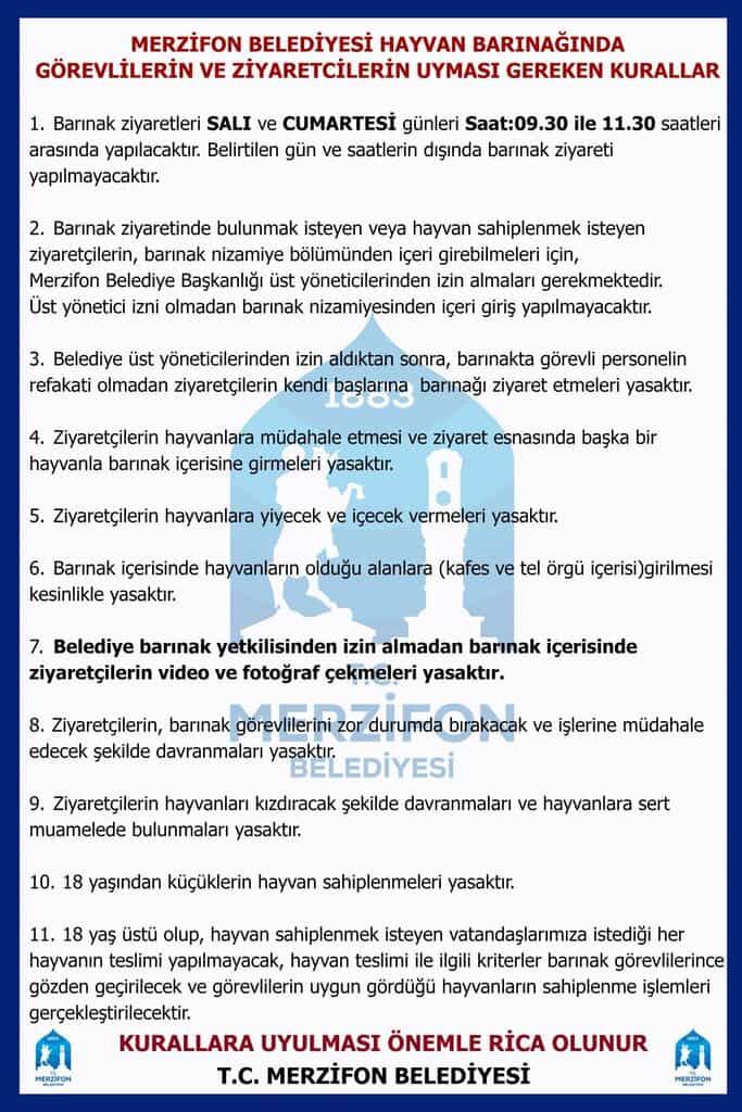 Karekter 2: Sokaklarda patilerimizin kahramanı olun, Merzifon Belediyesi hayvan barınağında görevli ve ziyaretçilerin uyum kuralları. Barınak ziyaretleri, hayvan bakımı ve güvenlik önlemleri hakkında.